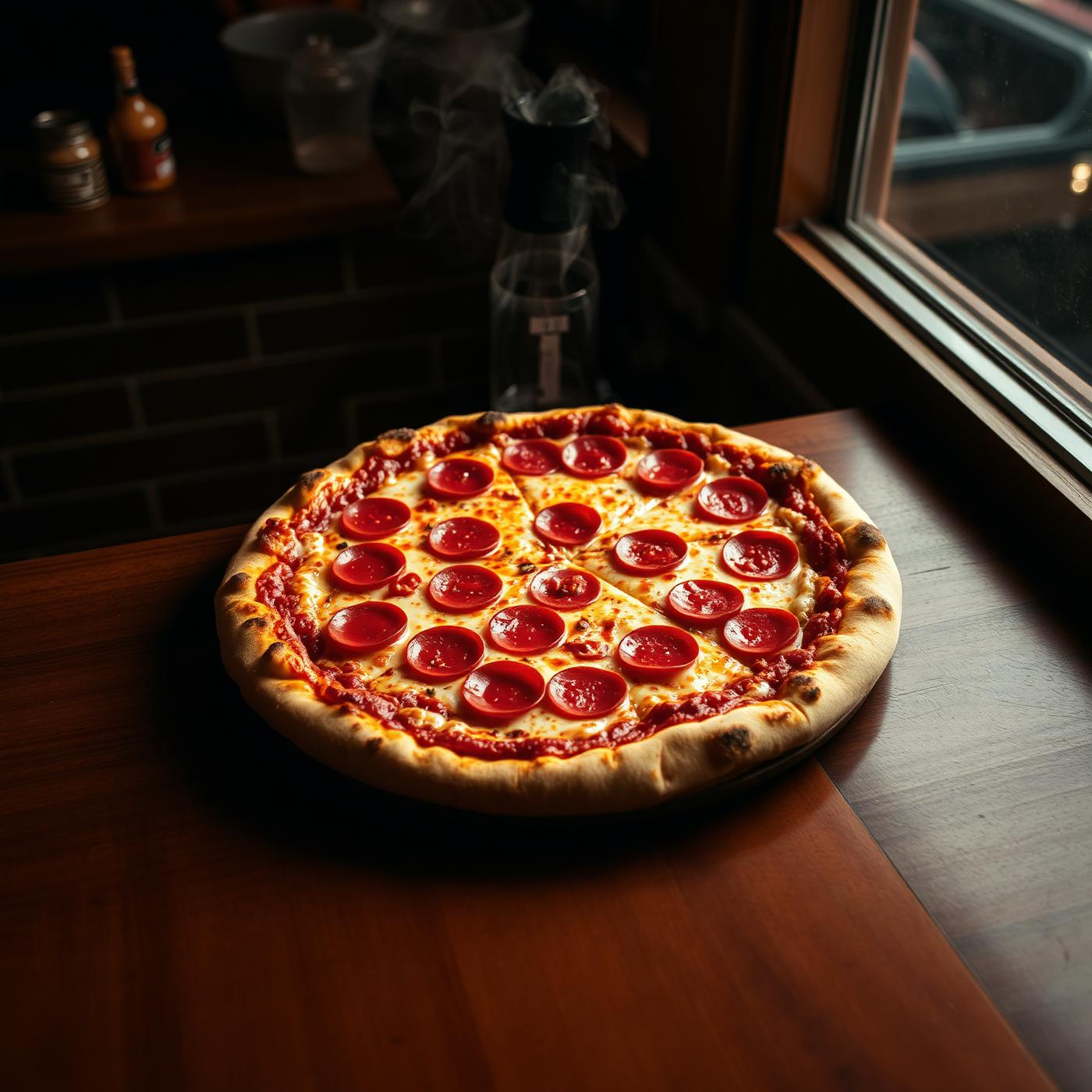 Fresh pepperoni pizza on the counter at Mama Mary's Express